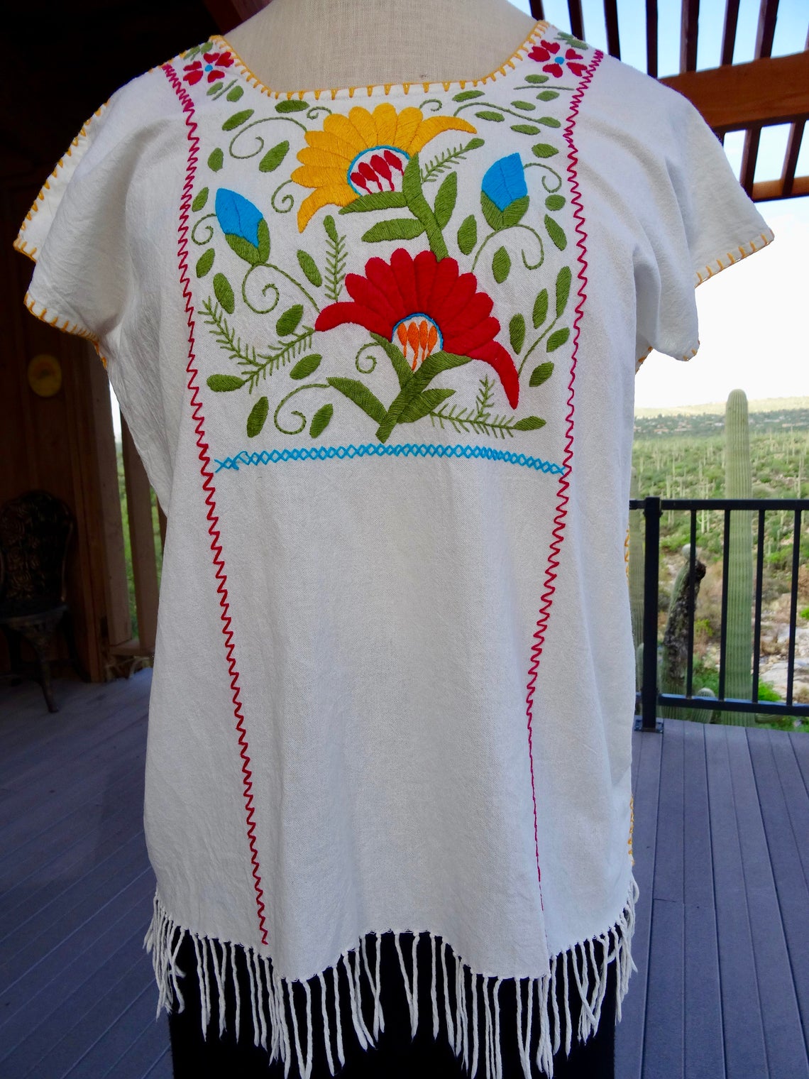 OAXACAN MEXICAN Embroidered Blouse/ Hand Embroidered Fringed Cotton