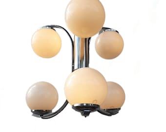 1911002 Mid century globe chandelier, chrome with white globes