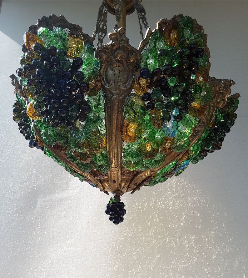 A Rare Vintage Bronze Murano Grapes Glass Chandelier Etsy