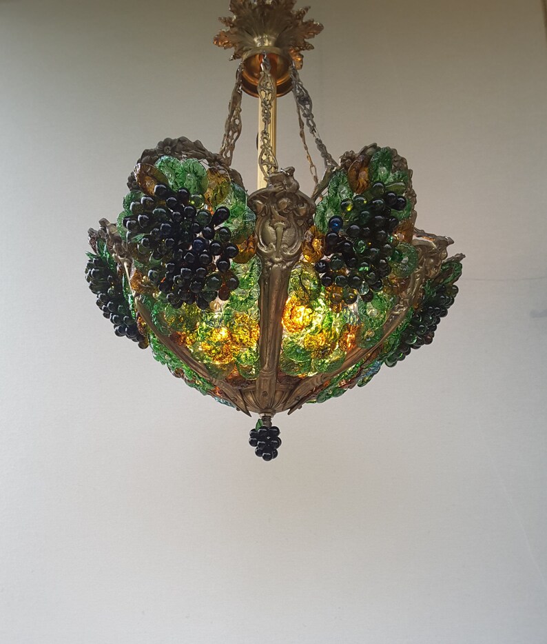 A Rare Vintage Bronze Murano Grapes Glass Chandelier Etsy