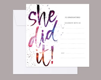 25 Graduation Party Invitations + 25 Natural White Envelopes 6x6" - She Did It! Galaxy - Fill in the Blank DIY