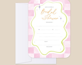 25 Bridal Shower Invitations + 25 Natural White Envelopes 5x7" - Checkered Squiggles - Fill in the Blank DIY