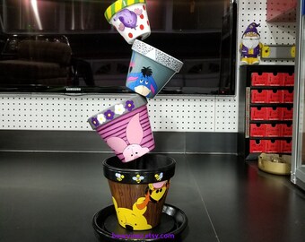 Winnie the Pooh themed Tiltled Flower Pots with Stand, hand painted