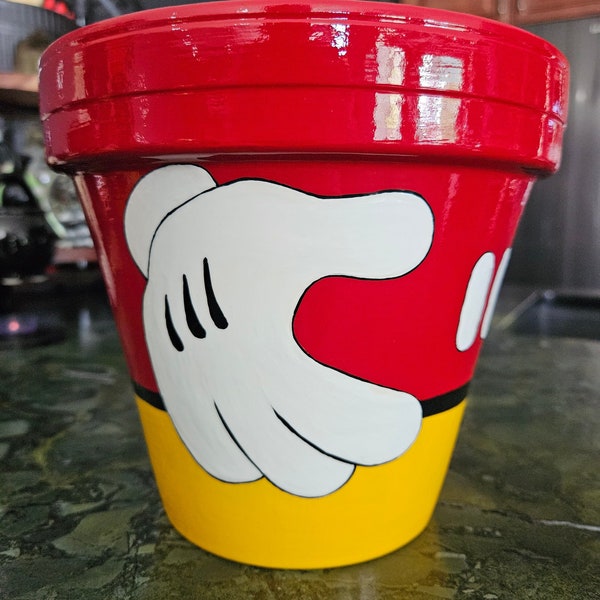 Eight (8") Inch Mickey Inspired Flower Pot, Hand Painted Also: 6, 5 and 4 Inches available
