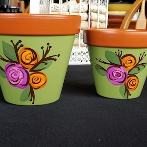 Hand Painted 5&quot; & 4&quot; Clay Flower Pot, Cactus Bloom
