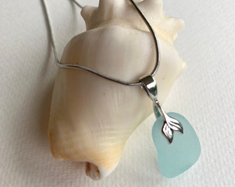 Sea Foam Blue Sea Glass Pendant on Mermaid Tail Bail with Necklace