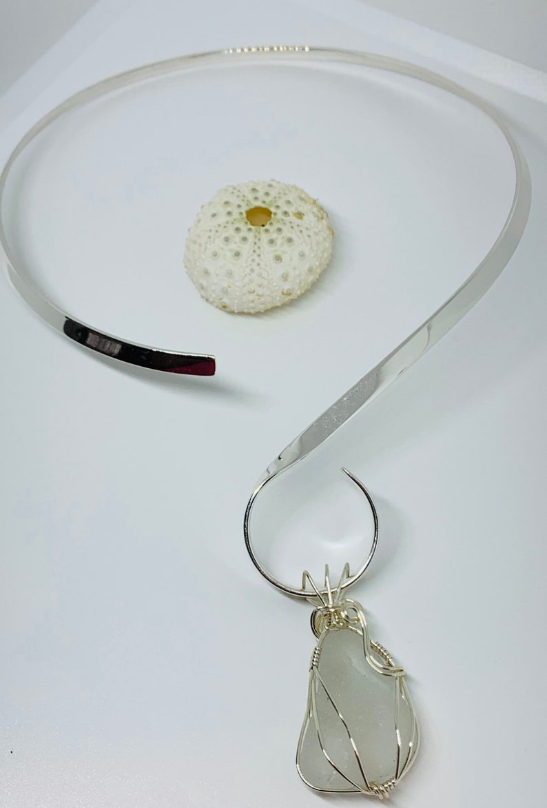 White Sea glass pendant with sterling silver choker