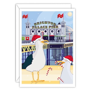 de Noël de Brighton Pier | Mouettes | Salutations côtières de vacances | Bord de mer festif | Carte unique faite main