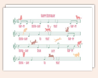 Personalised Sheet Music Cat Birthday Card - PRINT VERSION - Cat Lover Gift - Card From Cat - Cat Card For Her
