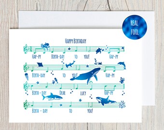 Personalised  Sheet Music Ocean Lover Birthday Card - FOIL VERSION