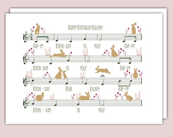 Personalised  Sheet Music Rabbits Birthday Card - PRINT VERSION | Happy Birthday Rabbit Card | Rabbit Lover Birthday | Rabbit Lover Gift