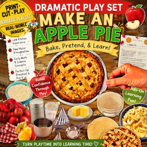May include: A dramatic play set titled Make An Apple Pie featuring a baked apple pie in a metal pan, red apples, a recipe card, a bowl of flour, a metal shaker, a measuring cup, butter cubes, a metal pot, and a small metal measuring scoop.