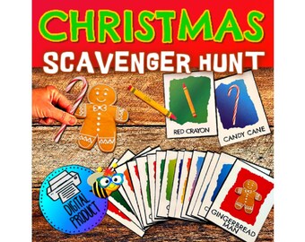 May include: A digital printable Christmas scavenger hunt game with a gingerbread man, candy cane, red crayon, and other Christmas-themed images.