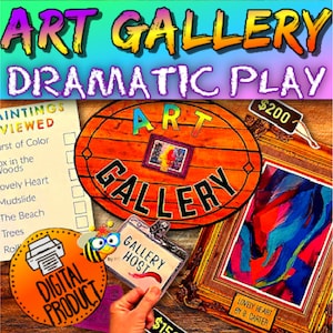 May include: A printable art gallery game for kids. The game includes a checklist of paintings, a sign that says "Art Gallery", a price tag, and a gallery host badge.