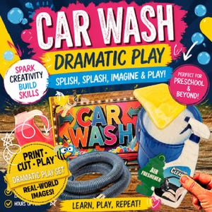 Op de afbeelding: Een carwash rollenspelset met een bord met de tekst CAR WASH, een blauwe emmer met een gele spons, een grijze slang, een roze fles en een groene luchtverfrisser. De tekst SPARK CREATIVITY BUILD SKILLS is op de afbeelding aanwezig.