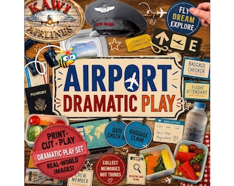 May include: A dramatic play set featuring an airport theme with various printed items including a Kawi Airlines logo, a pilot hat, passport, boarding passes, baggage tags, food containers, and signs labeled Airport Dramatic Play, Baggage Checker, Flight Attendant, Gate Check-in, and Baggage Claim.