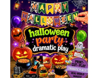 Peut inclure: Un ensemble de jeu dramatique pour une fête d'Halloween avec une bannière Happy Halloween, des citrouilles, des chaudrons noirs remplis de bonbons, des ballons, un fantôme, un chapeau de sorcière, des masques et des cupcakes. Le texte Halloween party dramatic play et Print-Cut-Play Dramatic Play Set Real-World Images est présent.