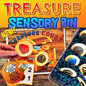 May include: A colorful sensory bin with a treasure chest theme. The bin includes a variety of small objects, such as gems, coins, and keys. The bin is labeled "Treasure Sensory Bin" and "Treasure Count". A digital download label is also included.