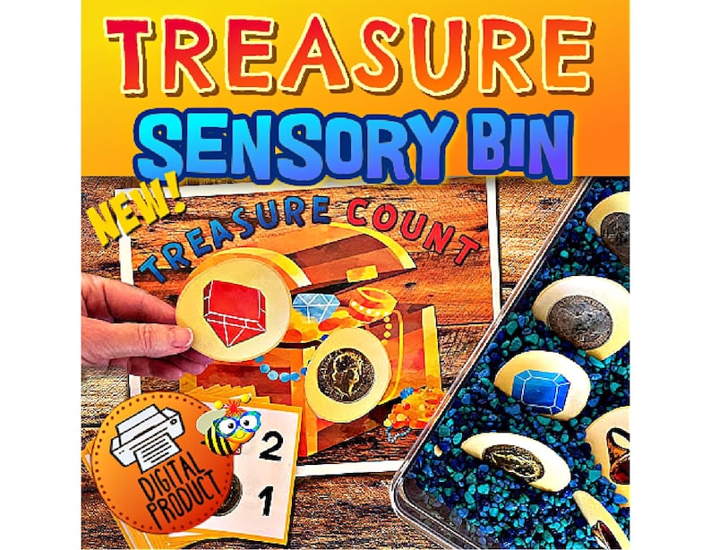 May include: A colorful sensory bin with a treasure chest theme. The bin includes a variety of small objects, such as gems, coins, and keys. The bin is labeled "Treasure Sensory Bin" and "Treasure Count". A digital download label is also included.