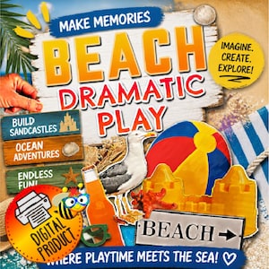 Può includere: Un cartello di prodotto digitale con il testo MAKE MEMORIES BEACH DRAMATIC PLAY, IMAGINE. CREATE. EXPLORE!, BUILD SANDCASTLES, OCEAN ADVENTURES, ENDLESS FUN, DIGITAL PRODUCT e BEACH con una freccia, un gabbiano, un pallone e un castello di sabbia.
