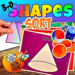 3-D Shape Sorting | 3D Shapes | Environmental Print | Three Dimensional Shapes | Kindergarten Shapes | Homeschool Shapes | Identify Shapes