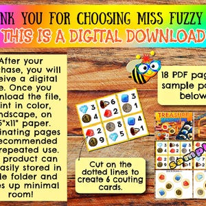 May include: A digital download for a treasure hunt sensory bin activity. The image shows a sample page with a grid of 6 squares, each containing a number, a picture of a coin, a gem, or a horn. The text "Cut on the dotted lines to create 6 counting cards" is also included. The image also shows a sample of the 18 PDF pages included in the download.