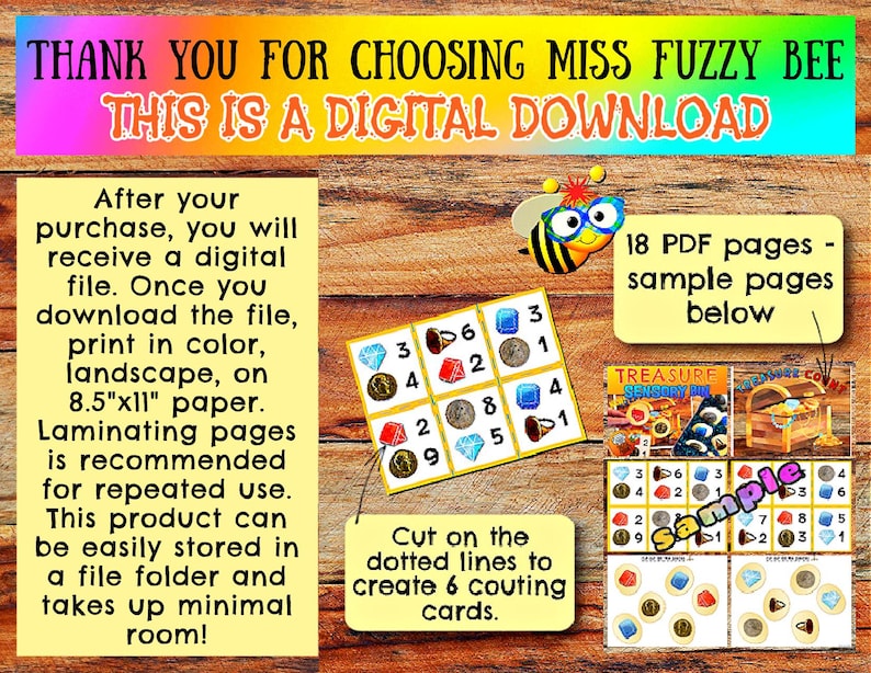 May include: A digital download for a treasure hunt sensory bin activity. The image shows a sample page with a grid of 6 squares, each containing a number, a picture of a coin, a gem, or a horn. The text "Cut on the dotted lines to create 6 counting cards" is also included. The image also shows a sample of the 18 PDF pages included in the download.
