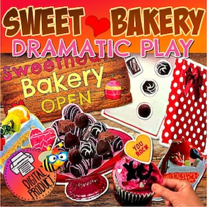 May include: A digital printable set for pretend play, featuring a bakery theme. The set includes a sign that says "Sweet Bakery Open", a cupcake, a plate of chocolate candies, a gift box, and a "You Rock" heart.