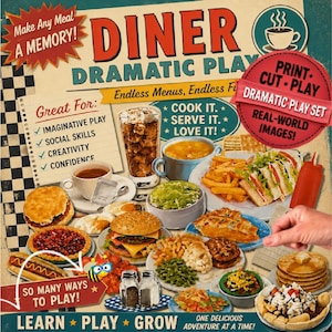 Może przedstawiać: Zestaw do zabawy Diner Dramatic Play zawierający kolekcję wydrukowanych produktów spożywczych, takich jak burger, hot dog, naleśniki, frytki, kanapki i ciasta. Opakowanie zawiera tekst Diner Dramatic Play, Make Any Meal A Memory i Print Cut Play.