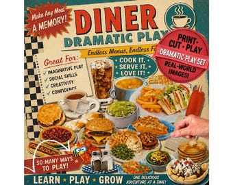 Op de afbeelding: Een Diner Dramatic Play set met een verzameling bedrukte etenswaren zoals een burger, hotdog, pannenkoeken, friet, sandwiches en taarten. De verpakking toont de tekst Diner Dramatic Play, Make Any Meal A Memory en Print Cut Play.