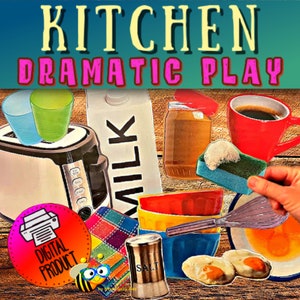 May include: A digital printable set of kitchen play props for pretend play. The set includes a toaster, milk carton, peanut butter jar, coffee cup, sponge, whisk, salt shaker, eggs, and two glasses. The set is perfect for preschoolers and early elementary students.