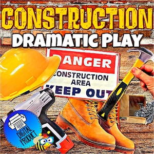 Puede incluir: Conjunto de juego de rol de construcción imprimible con un casco amarillo, un martillo amarillo, un taladro, botas de trabajo marrones y una señal de peligro roja y blanca que dice "Peligro Área de construcción Prohibido el paso".