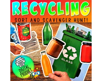 May include: A digital product for teaching recycling. The image shows a green recycling bin with a white recycling symbol and the word "GLASS" printed on it. There are various items in the bin, including glass bottles and jars. The image also shows other items that can be recycled, such as cardboard boxes, cans, and plastic bottles.