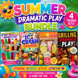 Pode incluir: Um pacote de jogo dramático de verão com quatro conjuntos temáticos: picolés, sorvete, limonada e churrasco. O gráfico inclui um sol sorridente, um flamingo rosa, uma bola de praia e etiquetas de texto para brincadeiras em fundo azul.
