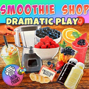 May include: A printable set of pretend play props for a smoothie shop. The set includes a blender, smoothie cups, fruit, and a smoothie maker sign. The set is a digital product.