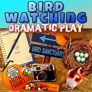 May include: A digital printable resource for dramatic play, featuring a bird watching theme. The image includes a notebook, pencil, birdhouse, bird seed, a camera, a bee, and a sign that says "Bird Sanctuary".