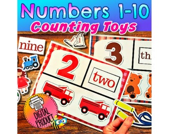 May include: A set of printable counting toys for kids. The cards feature numbers 1-10 with corresponding words and images. The cards are designed to help children learn to count and recognize numbers.