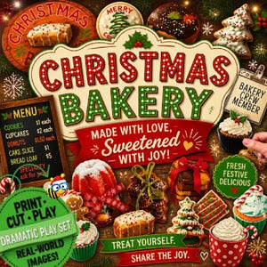 May include: A Christmas Bakery dramatic play set featuring a menu board, various printed images of cookies, cupcakes, donuts, and cake slices, and text including Christmas Bakery, Made with Love, Sweetened with Joy, and Print Cut Play.