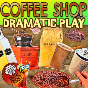 Coffee Shop Dramatic Play | Food Pretend Play | PreK Pretend Play | Preschool | Bulletin Board | Birthday Party | Homeschool Play