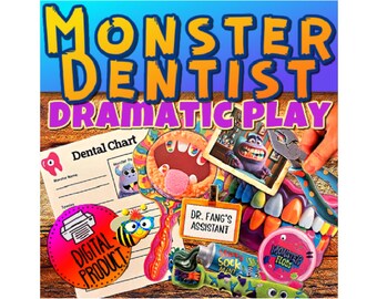 Dramatisk pjäs med monstertandläkare | Utskrivbar | Digital nedladdning | Låtsaslek med tandläkare | Tandvård | Förskolemonstertema