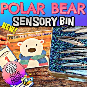May include: A sensory bin activity for kids featuring a polar bear and fish. The bin is filled with blue and green sand and contains a variety of plastic fish. The activity includes a printable card that says "Feed the Polar Bear".