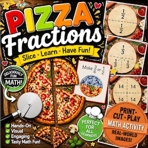 Op de afbeelding: Een Pizza Fractions wiskunde-activiteitenset met een pizzagrafiek, een metalen pizzasnijder en cirkelvormige diagrammen verdeeld in breuken. De tekst bevat Pizza Fractions, Slice Learn Have Fun, Deliciously Fun Math en Print Cut Play.