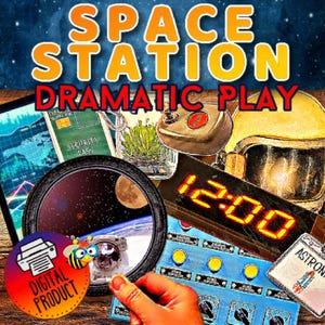 Può includere: Immagine di un prodotto digitale con le parole "SPACE STATION DRAMATIC PLAY" in arancione e rosso. L'immagine include vari oggetti a tema spaziale, come un pass di sicurezza, un casco spaziale, un orologio digitale e una vista della Terra dallo spazio.