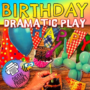 May include: A digital printable set for a birthday dramatic play. The set includes a birthday hat, balloons, a cake, a happy birthday banner, and a digital product label.