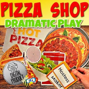 Può includere: Un set di gioco di ruolo di pizzeria stampabile con immagini di pizza, un taglia pizza, un'insalata, una scatola per la pizza e un cartello che dice "Pizza calda". Il set include anche cartellini con i nomi "Hostess" e "Maker".