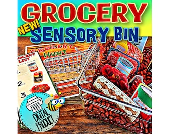 Grocery Hunt Sensory Bin | Grocery List | Grocery Activity | Sensory Bin Activity | Seek and Find Activity | Grocery Search | Food Cutouts