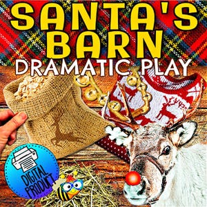 Può includere: Un gioco di ruolo stampabile digitale per bambini chiamato "Santa's Barn Dramatic Play". L'immagine mostra una renna con il naso rosso, un sacco di juta pieno di avena e un maglione rosso e bianco lavorato a maglia con campane.