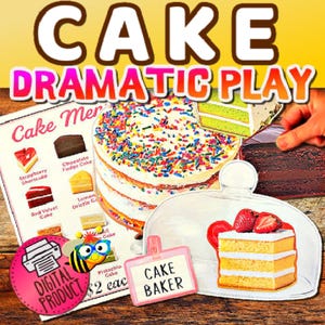 May include: A colorful image promoting "Cake Dramatic Play." It features a layered cake with sprinkles, a cake menu, and a cake baker sign. The menu shows different cake slices, including strawberry shortcake and red velvet cake. A digital product label is also visible.