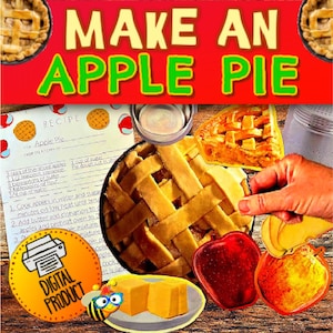 Puede incluir: Imagen promocional de una receta de tarta de manzana. La imagen presenta una tarta parcialmente horneada con una corteza de rejilla, manzanas frescas y una hoja de receta. El texto dice "MAKE AN APPLE PIE" y "DIGITAL PRODUCT".