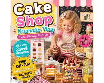 Op de afbeelding: Een Cake Shop rollenspelset met realistische afbeeldingen van diverse taarten, waaronder aardbeien-, chocolade- en spikkeltaarten. De set bevat een menukaart, een glazen stolp en bedrukte taartpunten voor fantasierijk speelplezier.